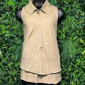 Ashley Stewart Top Linen Blend  24W Tan Sleeveless Button Down Shirt Blouse 3154